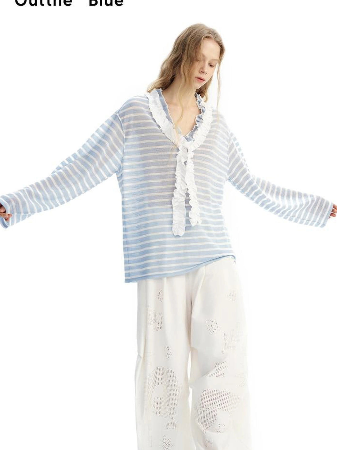 OuttheBlue Blue Stripe Lace V-Neck Loose Lyocell Tee