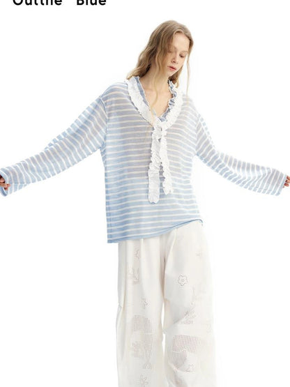 OuttheBlue Blue Stripe Lace V-Neck Loose Lyocell Tee