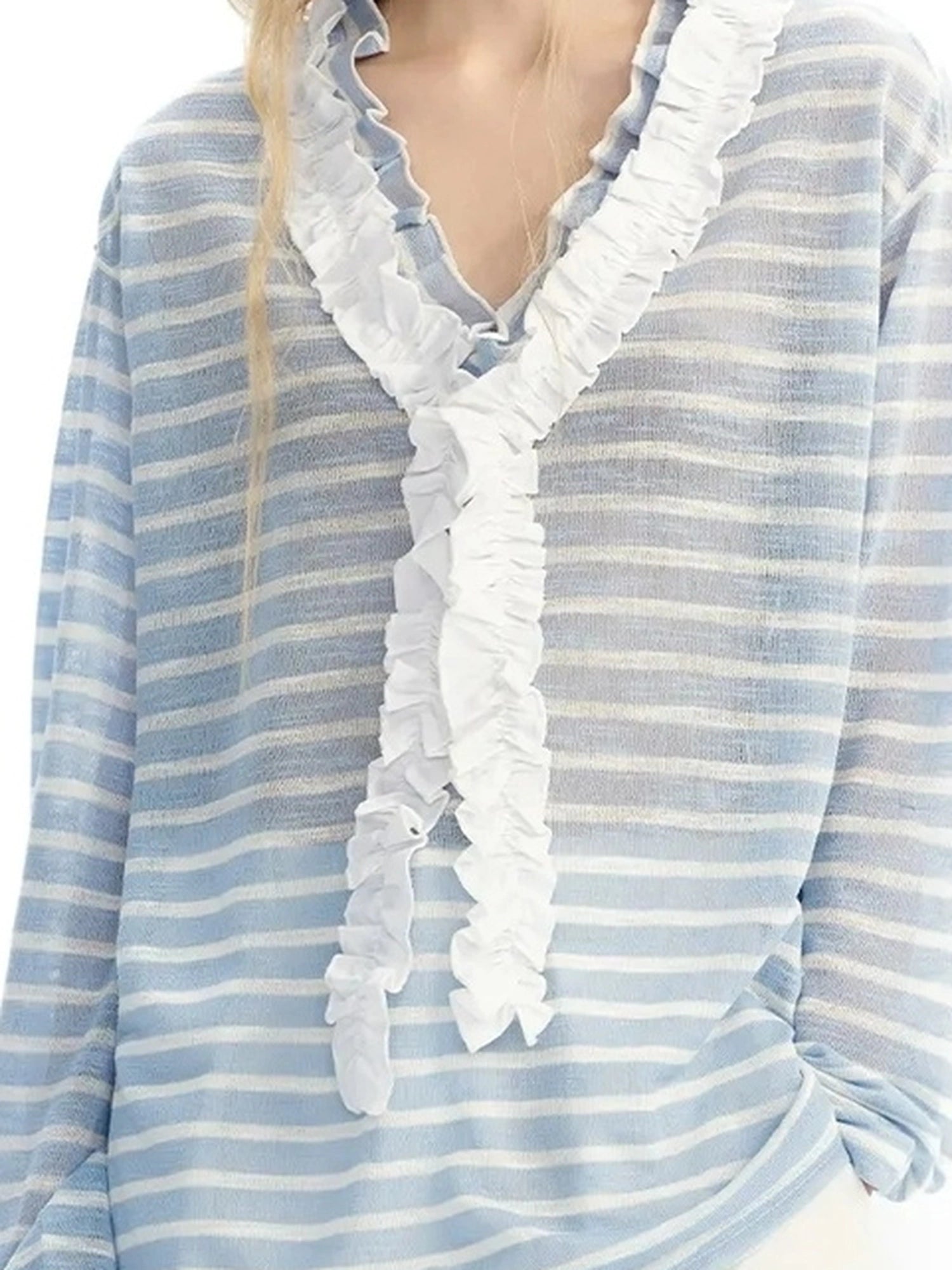 OuttheBlue Blue Stripe Lace V-Neck Loose Lyocell Tee