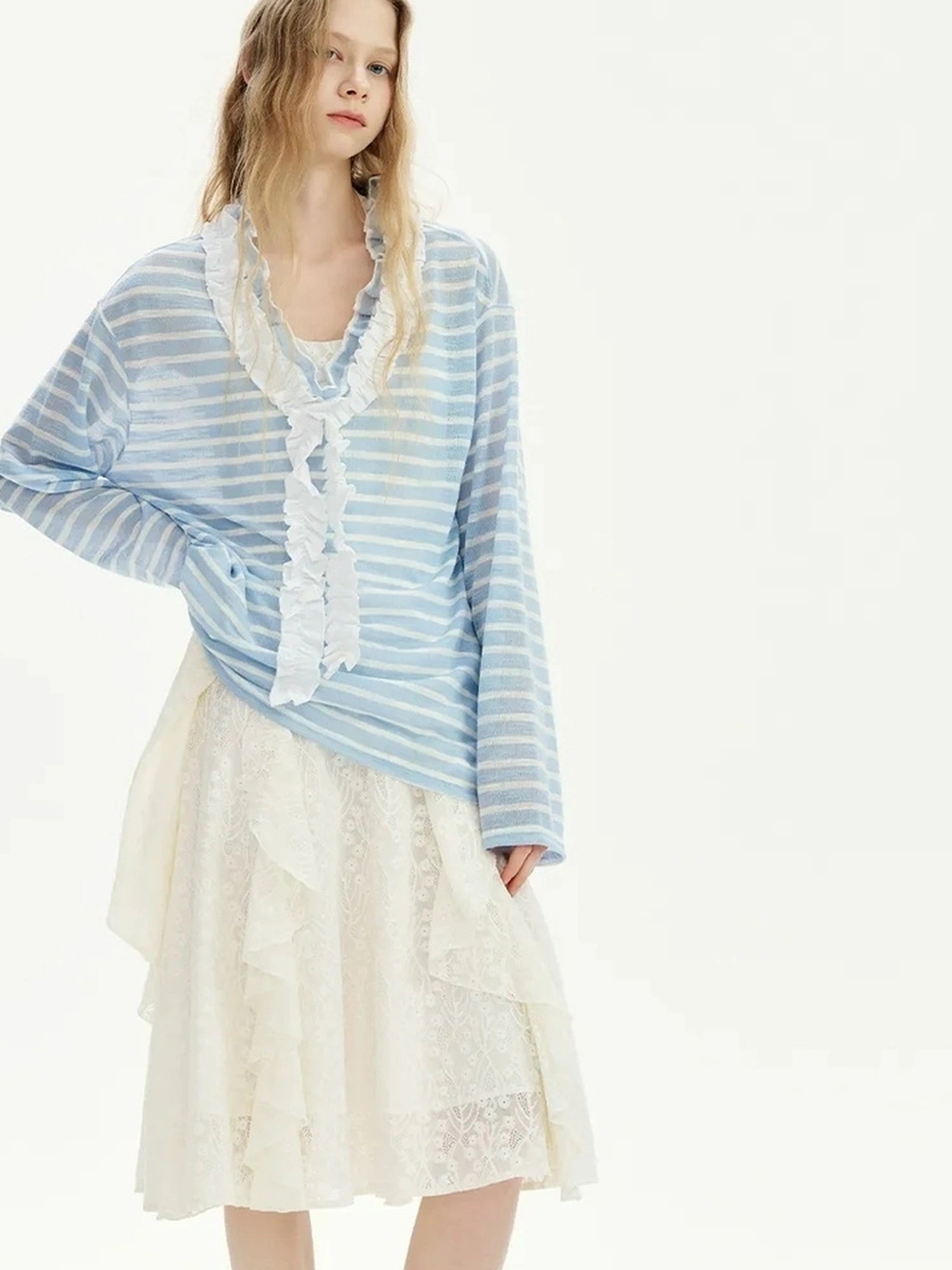 OuttheBlue Blue Stripe Lace V-Neck Loose Lyocell Tee