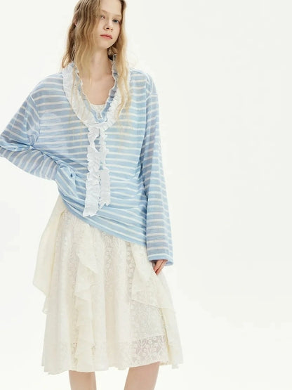 OuttheBlue Blue Stripe Lace V-Neck Loose Lyocell Tee