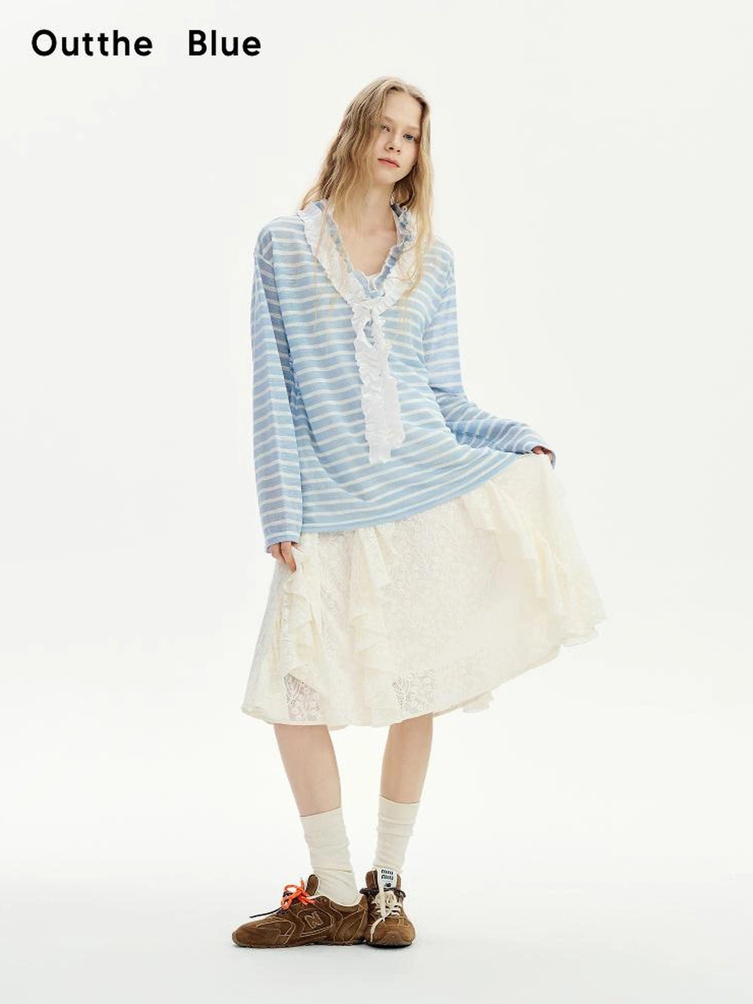 OuttheBlue Blue Stripe Lace V-Neck Loose Lyocell Tee
