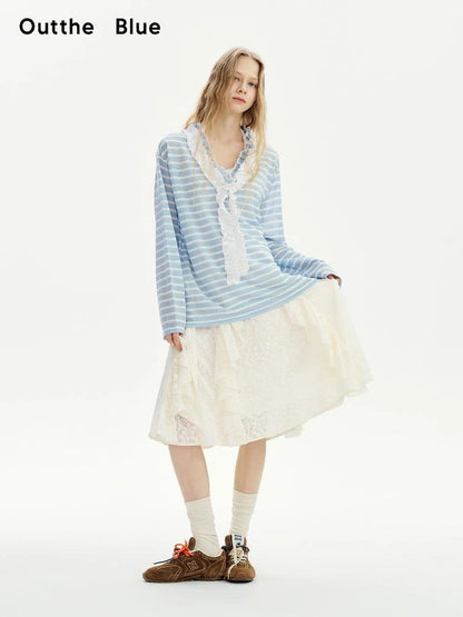 OuttheBlue Blue Stripe Lace V-Neck Loose Lyocell Tee