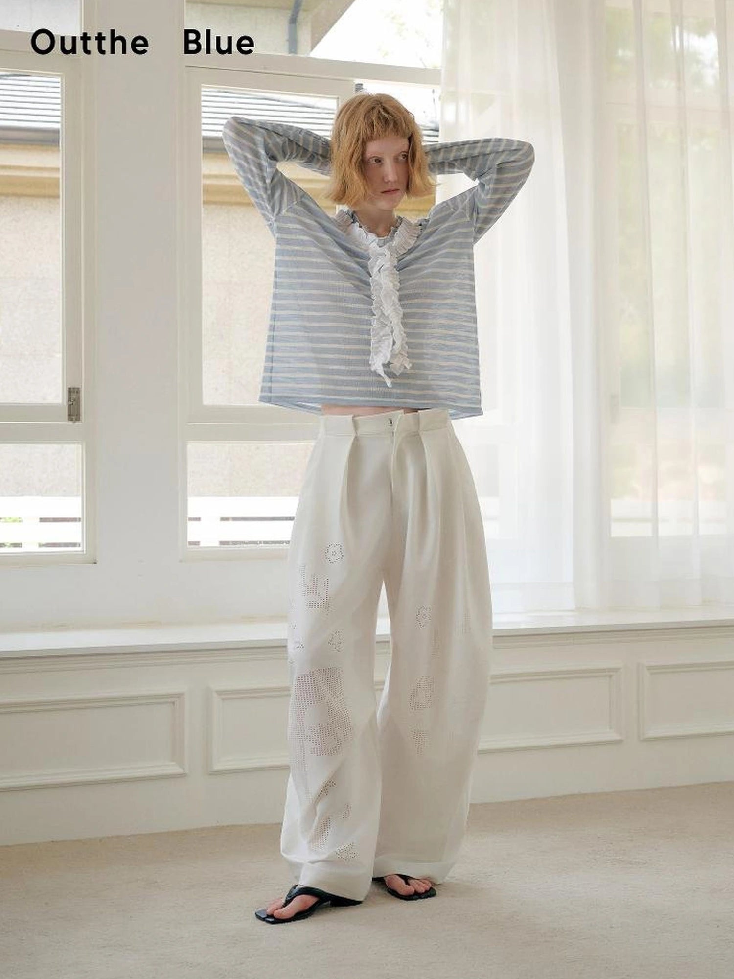 OuttheBlue Blue Stripe Lace V-Neck Loose Lyocell Tee