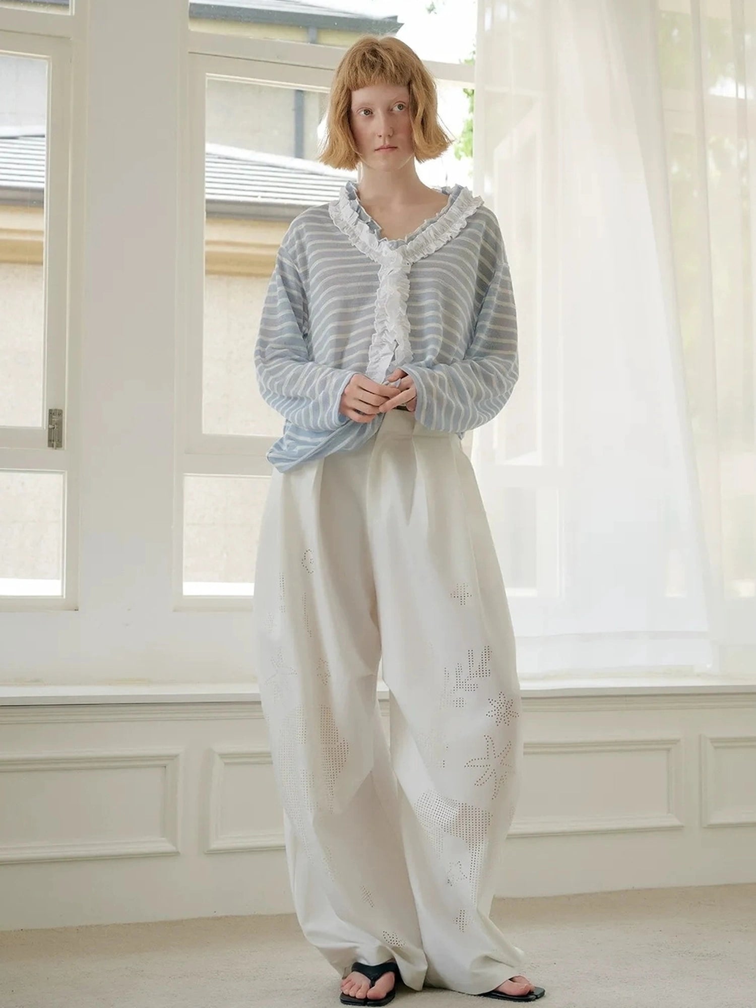 OuttheBlue Blue Stripe Lace V-Neck Loose Lyocell Tee