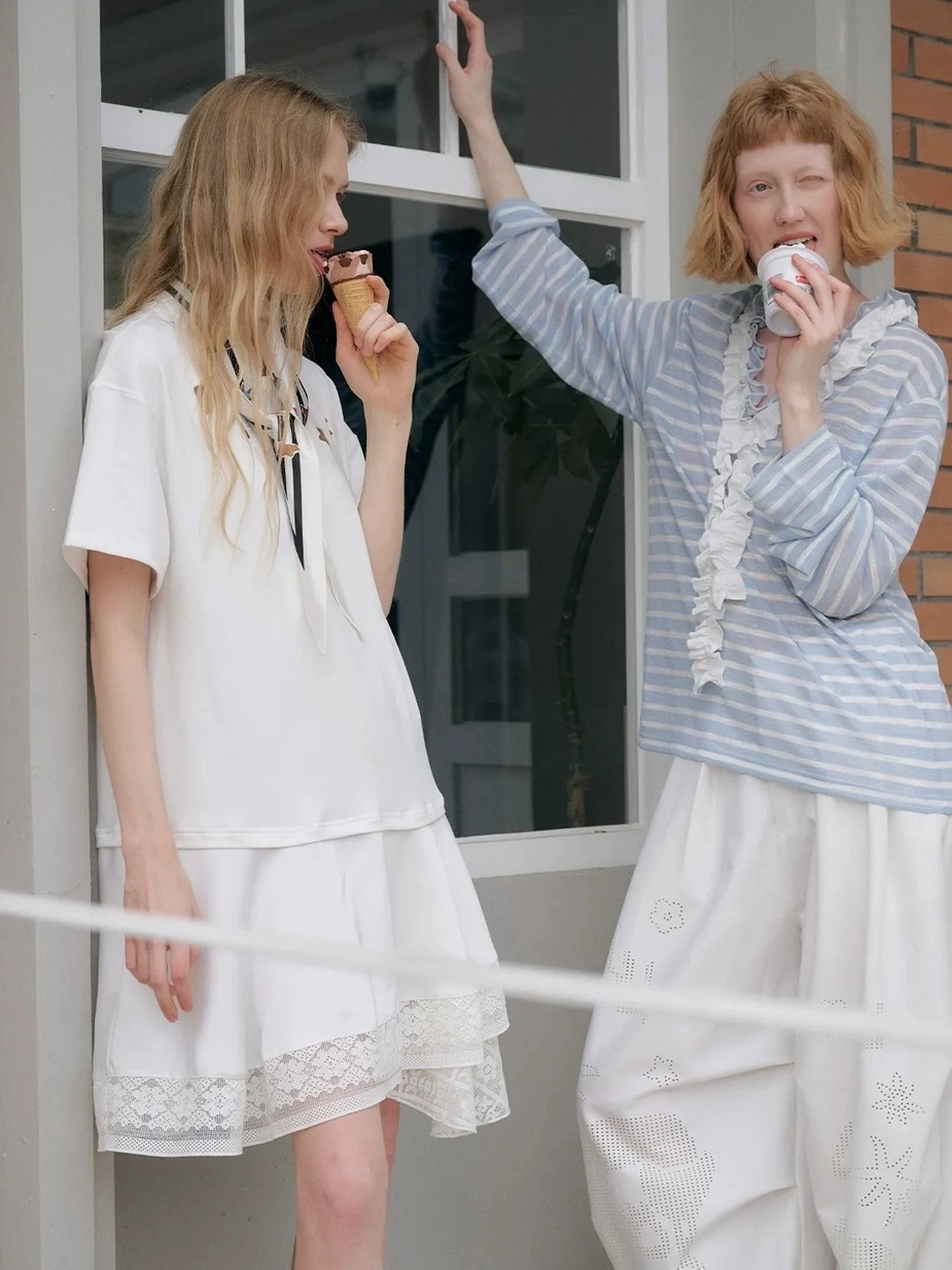OuttheBlue Blue Stripe Lace V-Neck Loose Lyocell Tee