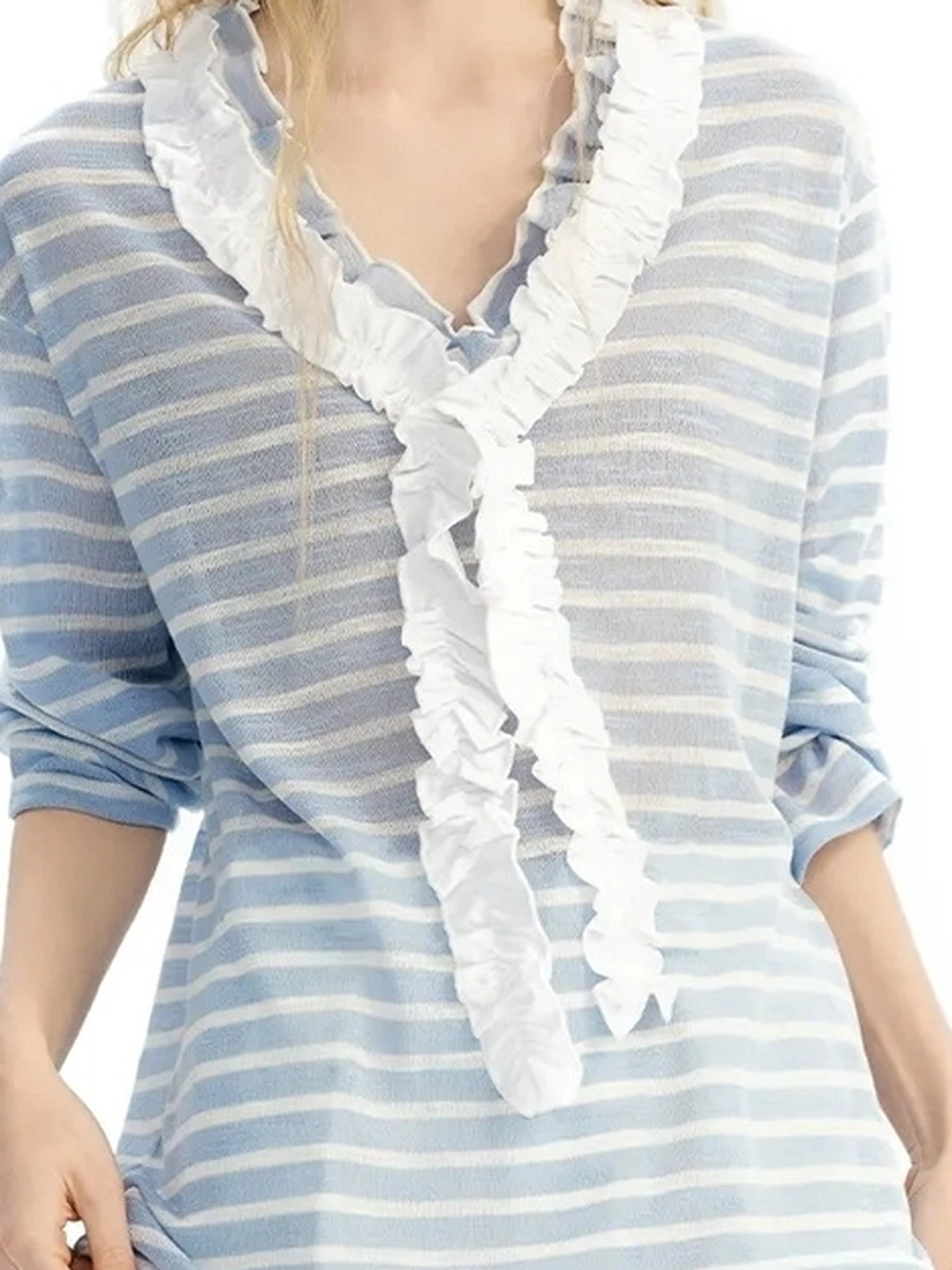 OuttheBlue Blue Stripe Lace V-Neck Loose Lyocell Tee