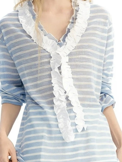 OuttheBlue Blue Stripe Lace V-Neck Loose Lyocell Tee