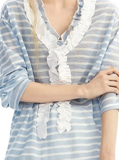 OuttheBlue Blue Stripe Lace V-Neck Loose Lyocell Tee