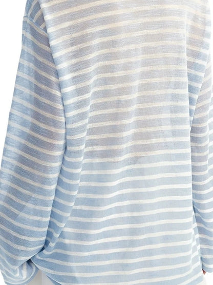 OuttheBlue Blue Stripe Lace V-Neck Loose Lyocell Tee