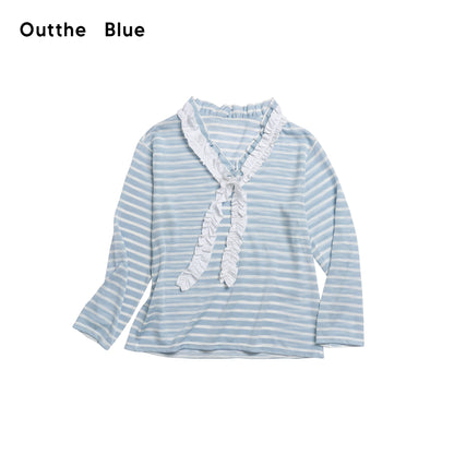 OuttheBlue_Blue_Stripe_Lace_V-Neck_Loose_Lyocell_Tee_MISSTT