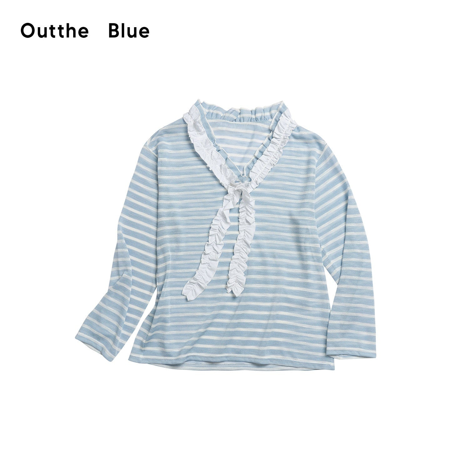 OuttheBlue_Blue_Striped_Lace_Trim_Spliced_V-neck_Women&