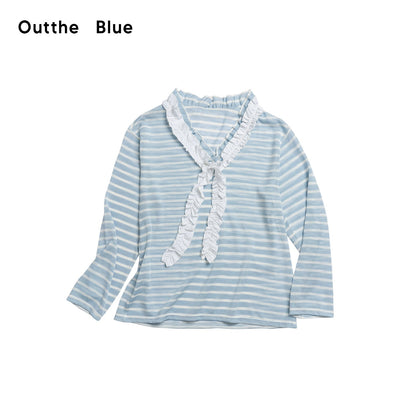 OuttheBlue_Blue_Striped_Lace_Trim_Spliced_V-neck_Women&