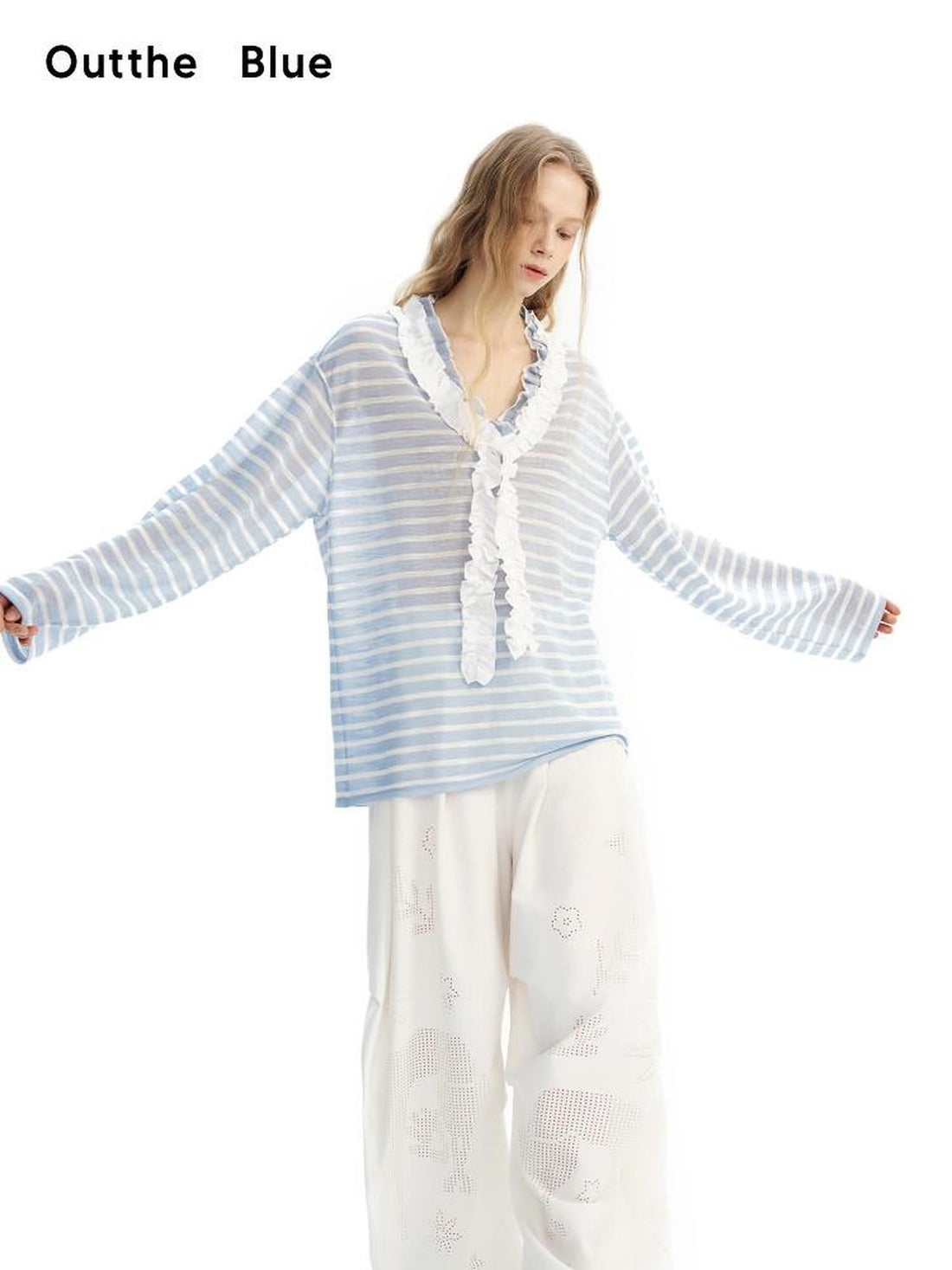 OuttheBlue Blue Striped Lace Trim Spliced V-neck Women&