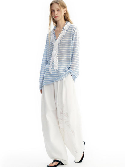 OuttheBlue Blue Striped Lace Trim Spliced V-neck Women&