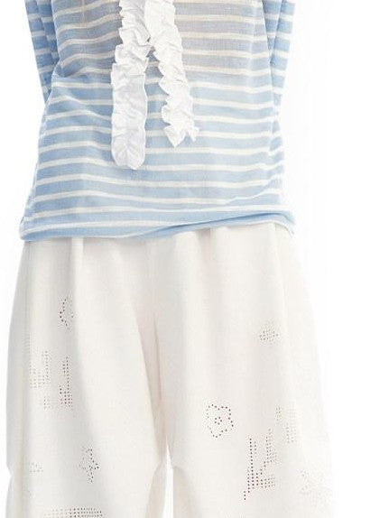 OuttheBlue Blue Striped Lace Trim Spliced V-neck Women&