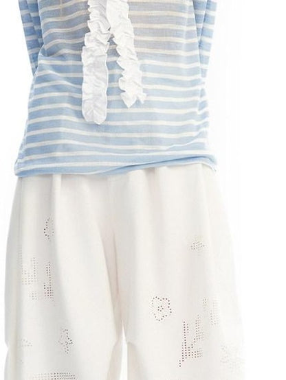 OuttheBlue Blue Striped Lace Trim Spliced V-neck Women&