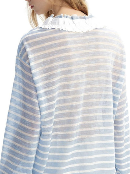 OuttheBlue Blue Striped Lace Trim Spliced V-neck Women&