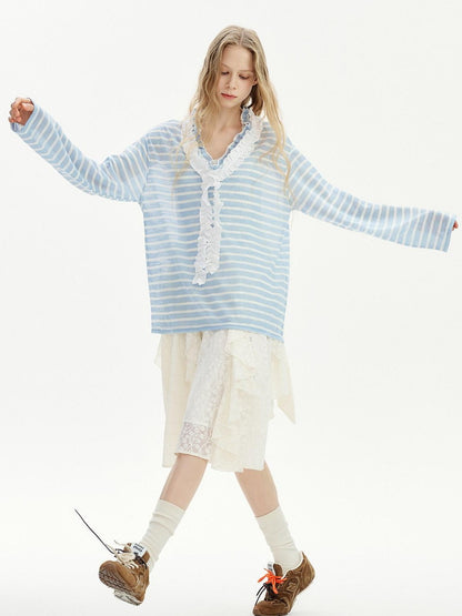 OuttheBlue Blue Striped Lace Trim Spliced V-neck Women&