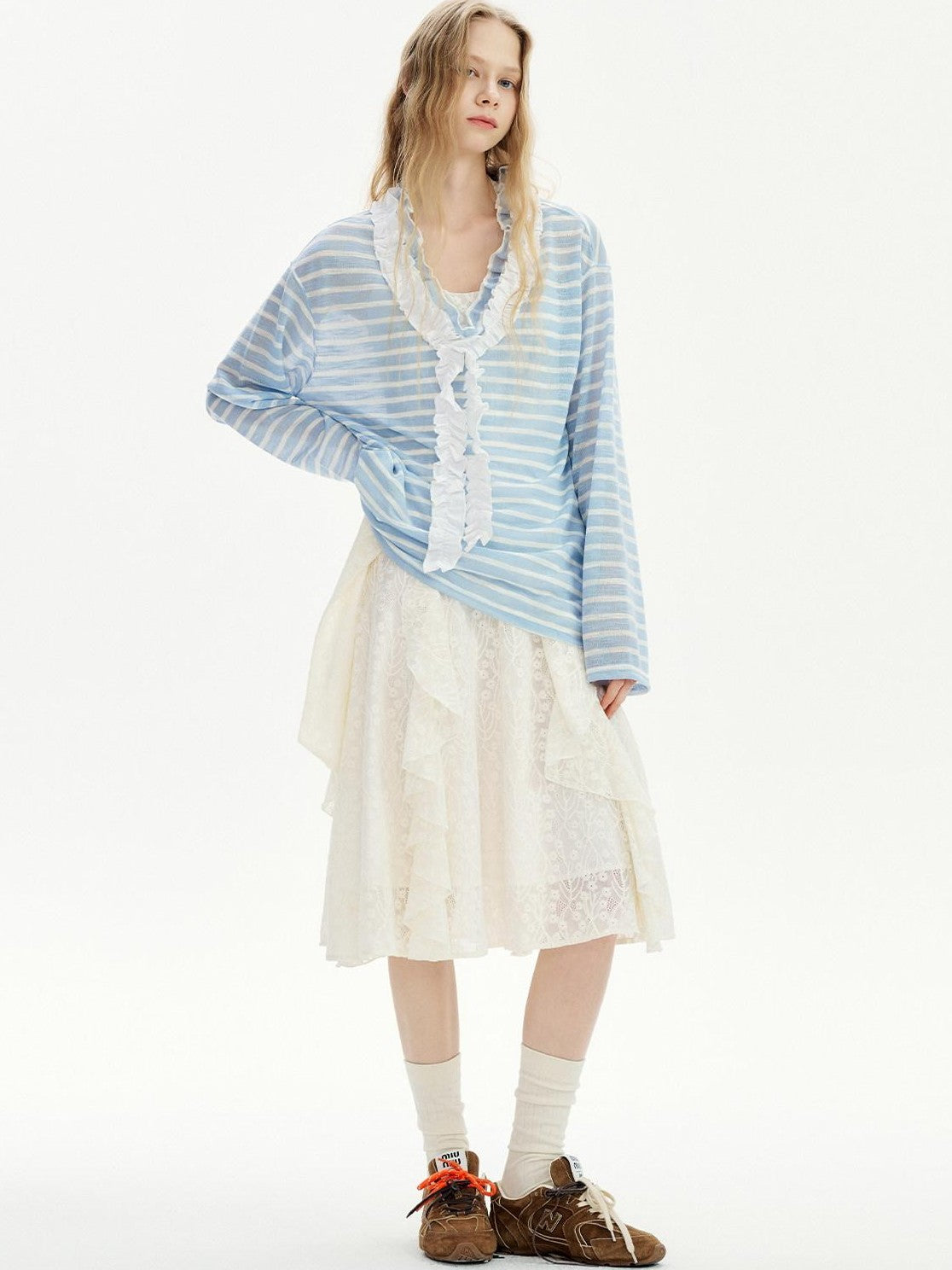 OuttheBlue Blue Striped Lace Trim Spliced V-neck Women&