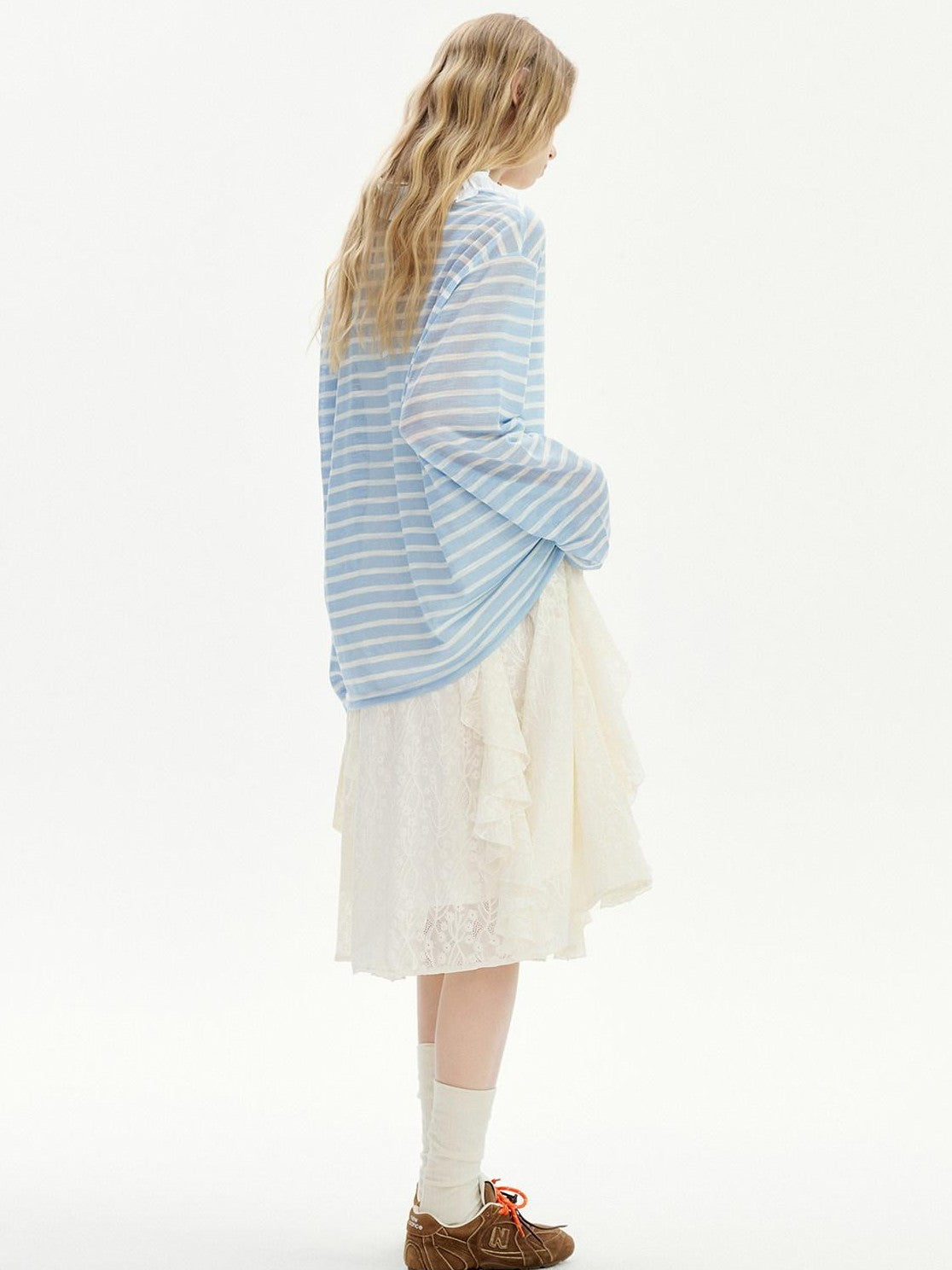 OuttheBlue Blue Striped Lace Trim Spliced V-neck Women&