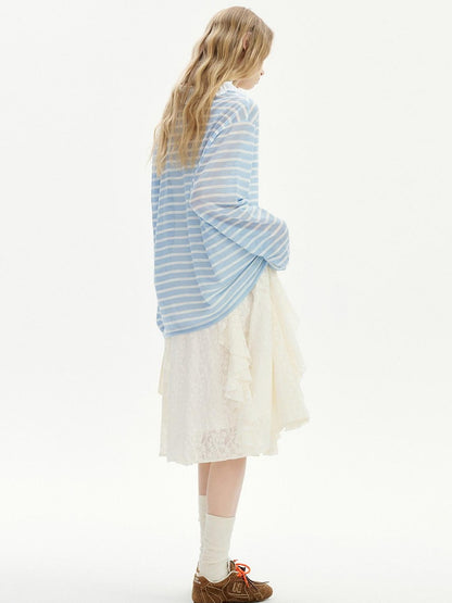OuttheBlue Blue Striped Lace Trim Spliced V-neck Women&