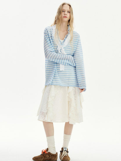 OuttheBlue Blue Striped Lace Trim Spliced V-neck Women&