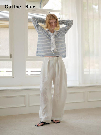OuttheBlue Blue Striped Lace Trim Spliced V-neck Women&