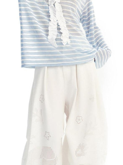 OuttheBlue Blue Striped Lace Trim Spliced V-neck Women&