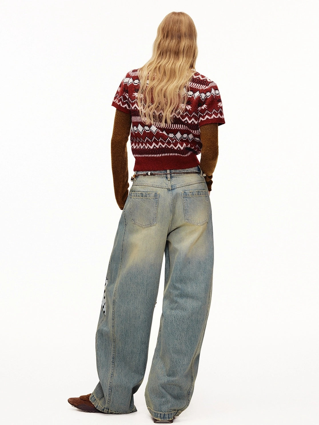 OuttheBlue Bordeaux Bear Print Layered Casual Cropped Short Sleeve Crew Neck Women Sweater