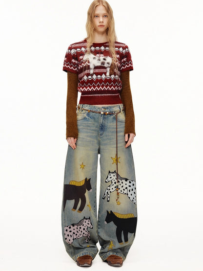 OuttheBlue Bordeaux Bear Print Layered Casual Cropped Short Sleeve Crew Neck Women Sweater