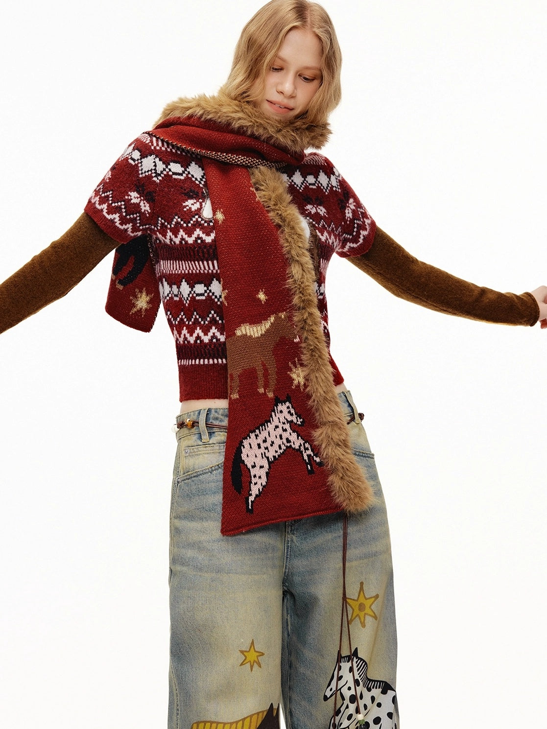 OuttheBlue Bordeaux Bear Print Layered Casual Cropped Short Sleeve Crew Neck Women Sweater