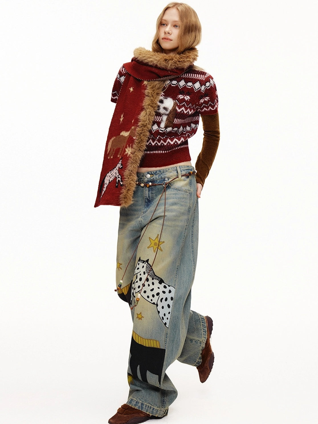 OuttheBlue Bordeaux Bear Print Layered Casual Cropped Short Sleeve Crew Neck Women Sweater