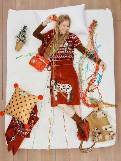 OuttheBlue Bordeaux Bear Print Layered Casual Cropped Short Sleeve Crew Neck Women Sweater