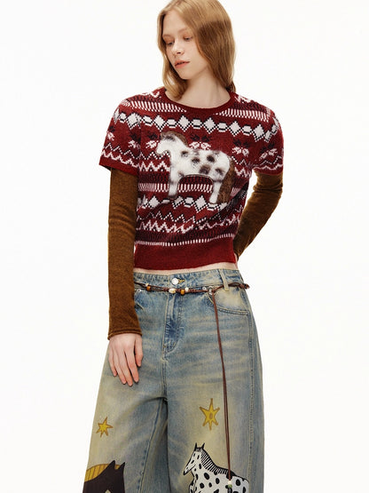 OuttheBlue Bordeaux Bear Print Layered Casual Cropped Short Sleeve Crew Neck Women Sweater