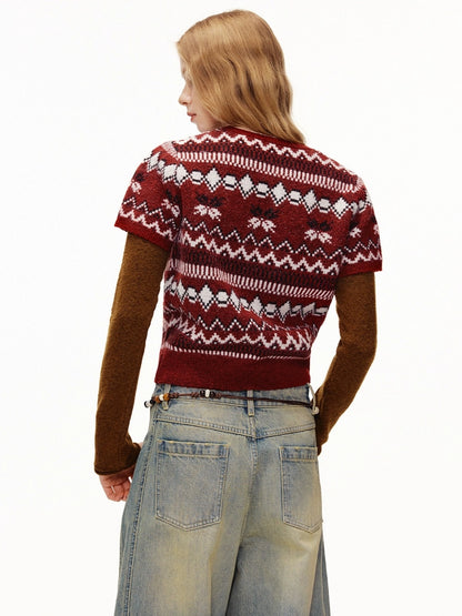 OuttheBlue Bordeaux Bear Print Layered Casual Cropped Short Sleeve Crew Neck Women Sweater