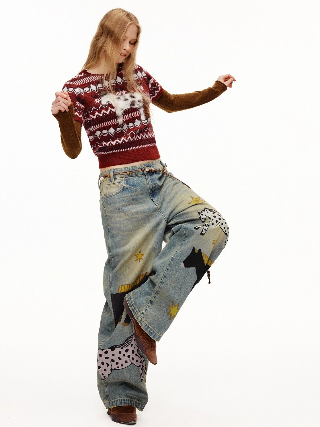 OuttheBlue Bordeaux Bear Print Layered Casual Cropped Short Sleeve Crew Neck Women Sweater