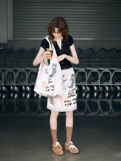 OuttheBlue Bow Accent Sweet Magnetic Closure Casual Polyester Ivory Tote Bags