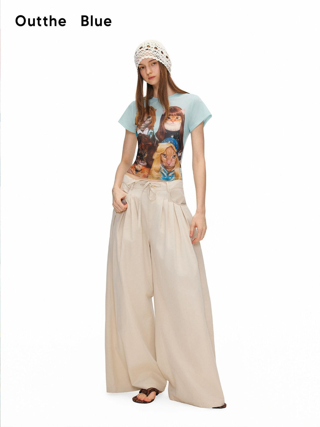 OuttheBlue Breathable Baby Blue Vintage Cat Print Slim Fit Crop Women Short Sleeve T-Shirts