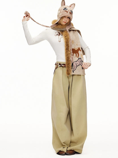 OuttheBlue Breathable Casual Round Crown Knit Animal Print Light Beige Wool For Women Hat