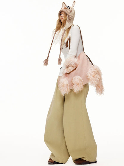 OuttheBlue Breathable Casual Round Crown Knit Animal Print Light Beige Wool For Women Hat