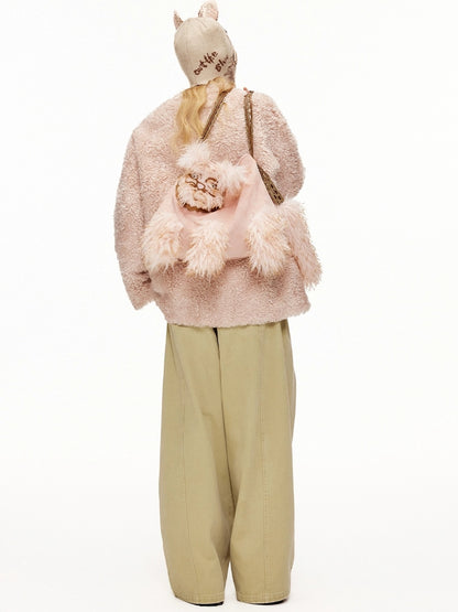 OuttheBlue Breathable Casual Round Crown Knit Animal Print Light Beige Wool For Women Hat