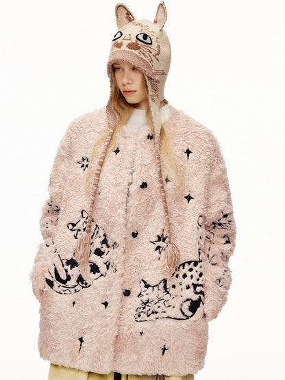 OuttheBlue Breathable Casual Round Crown Knit Animal Print Light Beige Wool For Women Hat