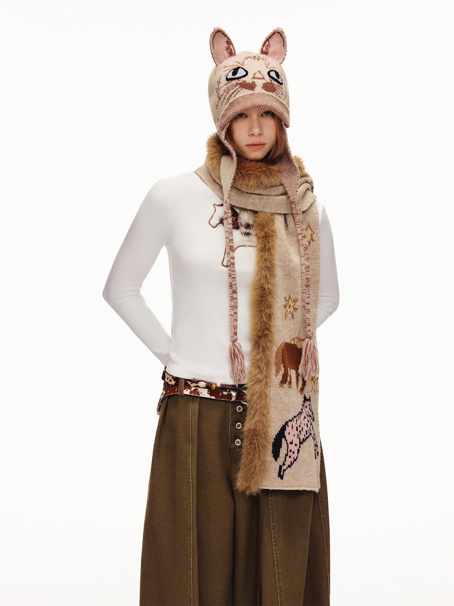 OuttheBlue Breathable Casual Round Crown Knit Animal Print Light Beige Wool For Women Hat