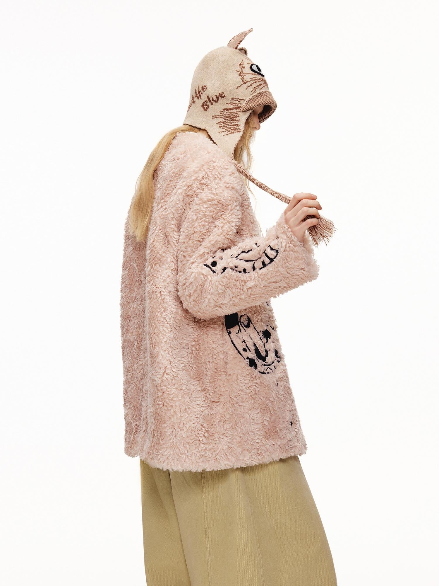 OuttheBlue Breathable Casual Round Crown Knit Animal Print Light Beige Wool For Women Hat