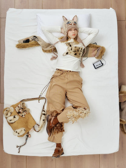 OuttheBlue Breathable Casual Round Crown Knit Animal Print Light Beige Wool For Women Hat