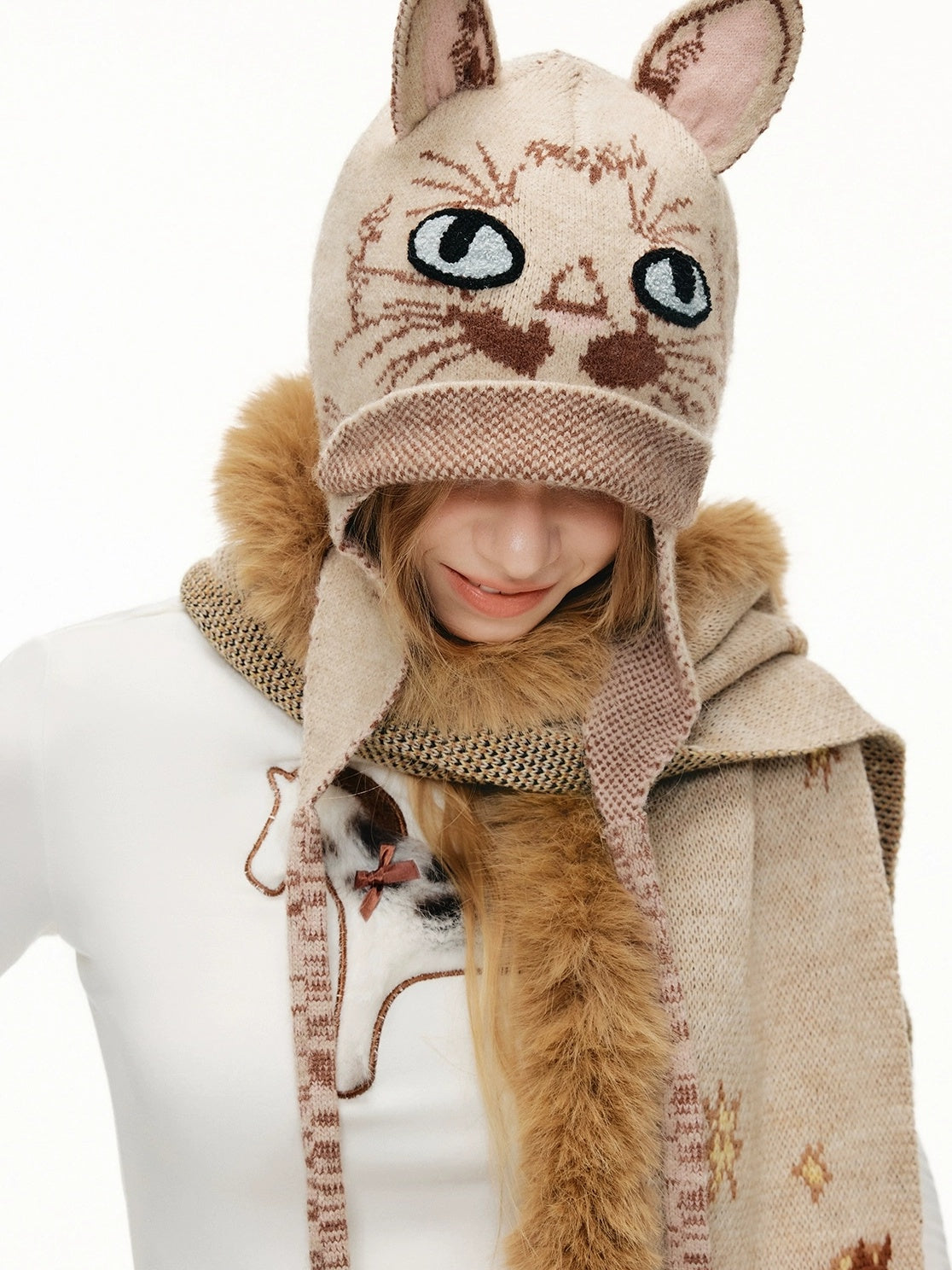 OuttheBlue Breathable Casual Round Crown Knit Animal Print Light Beige Wool For Women Hat