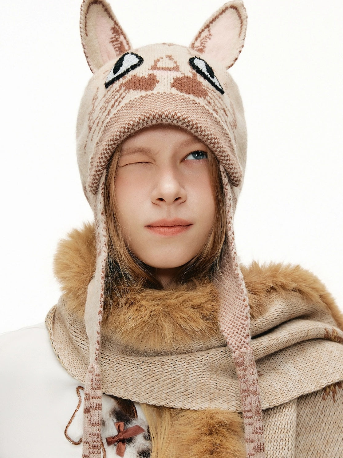 OuttheBlue Breathable Casual Round Crown Knit Animal Print Light Beige Wool For Women Hat