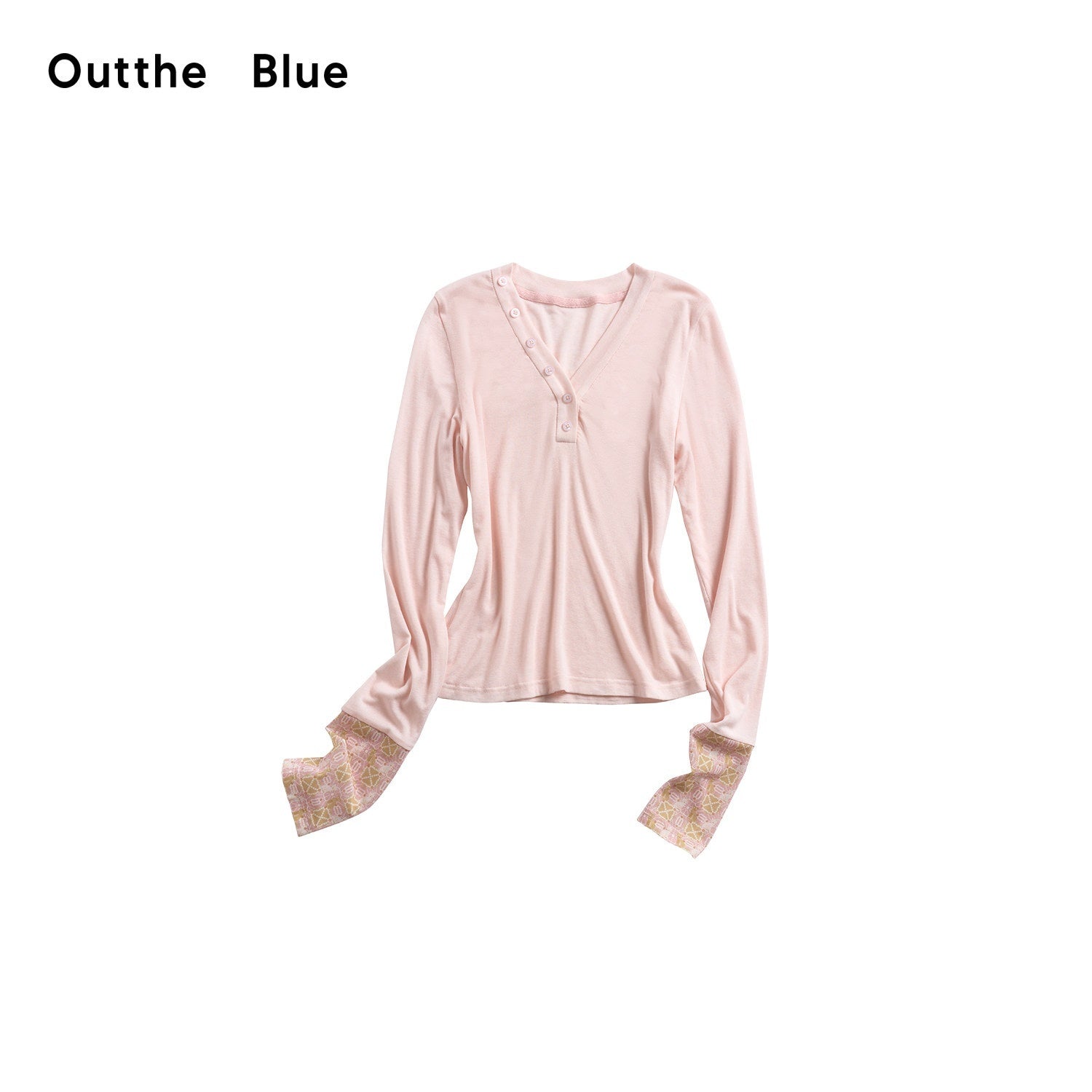 OuttheBlue Breathable Lyocell Wool Slim Fit V-neck Patchwork Pink Long Sleeve T-Shirts