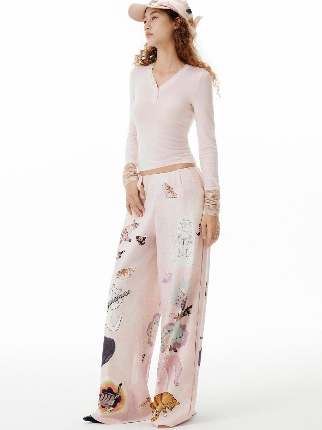 OuttheBlue Breathable Lyocell Wool Slim Fit V-neck Patchwork Pink Long Sleeve T-Shirts